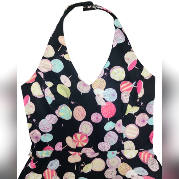 LILY umbrella print mini halter dress vintage, pin-up, size PM black/pink/yellow - Picture 2 of 8